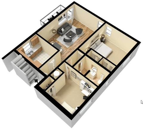 Floor plan for 2 beds, 1 bath, 950 sqft
